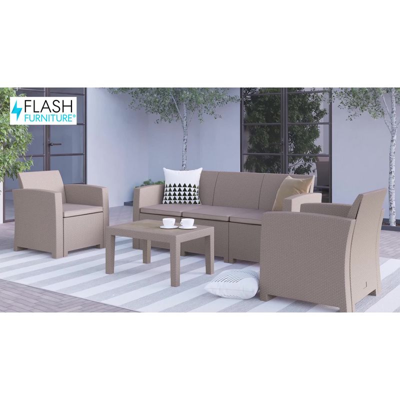 Merrick Lane 4 Piece Dark Gray Faux Rattan Patio Furniture Set with 2 Chairs and Sofa with Removable Light Gray Cushions and Table