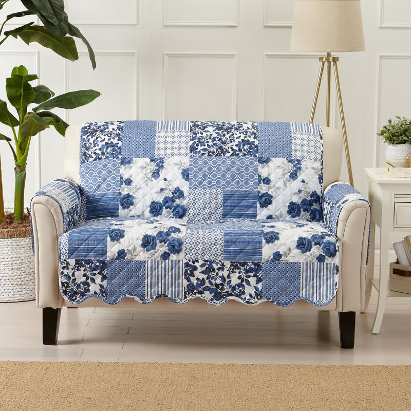 Reversible Stitched Patchwork Sofa Furniture Protector - Great Bay Home(Loveseat, Navy)