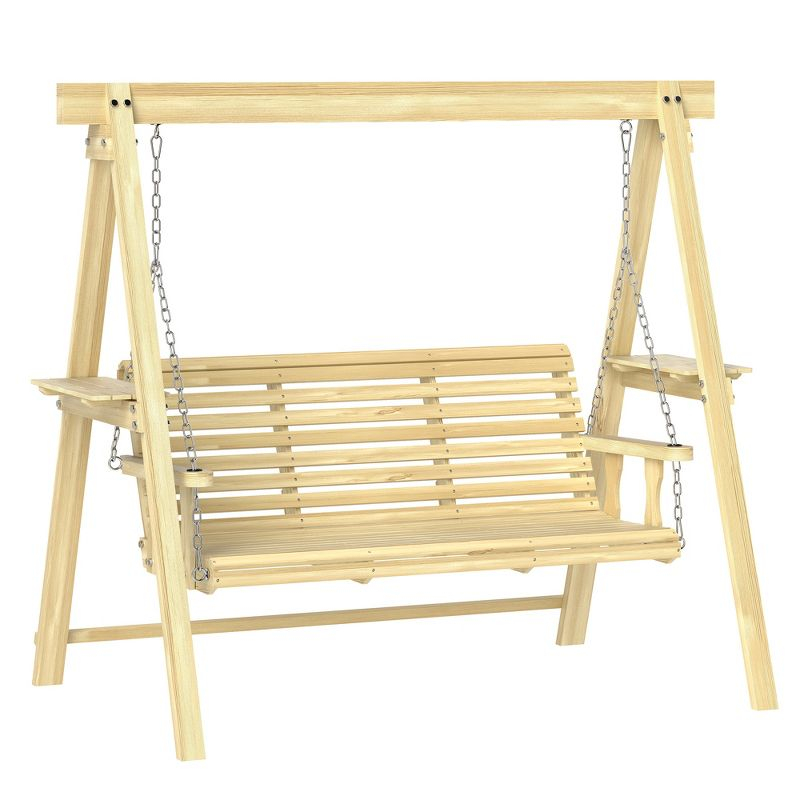Outsunny 3 Seat Wooden Porch Swing with Stand, Patio Swing Chair with Side Tables, Natural Wood