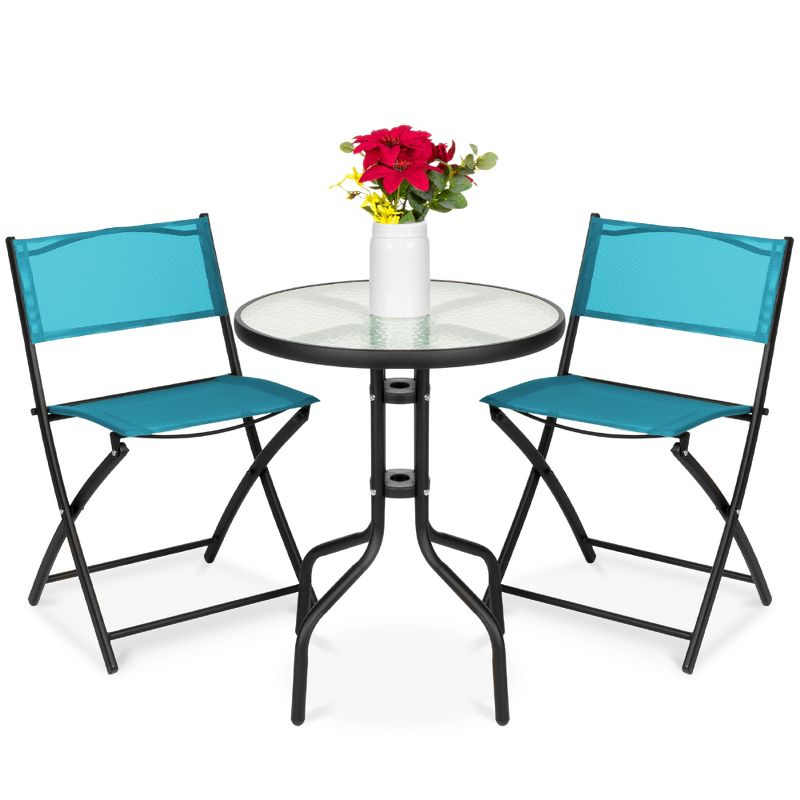 George Oliver 3-Piece Patio Bistro Dining Furniture Set W/ Glass Tabletop, Folding Chairs