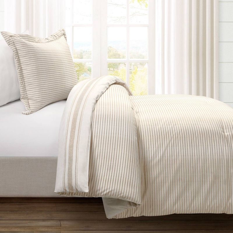 2pc Twin/Twin Extra Long Farmhouse Stripe Reversible Comforter & Sham Set Neutral - Lush Décor: Year-Round Plain Weave