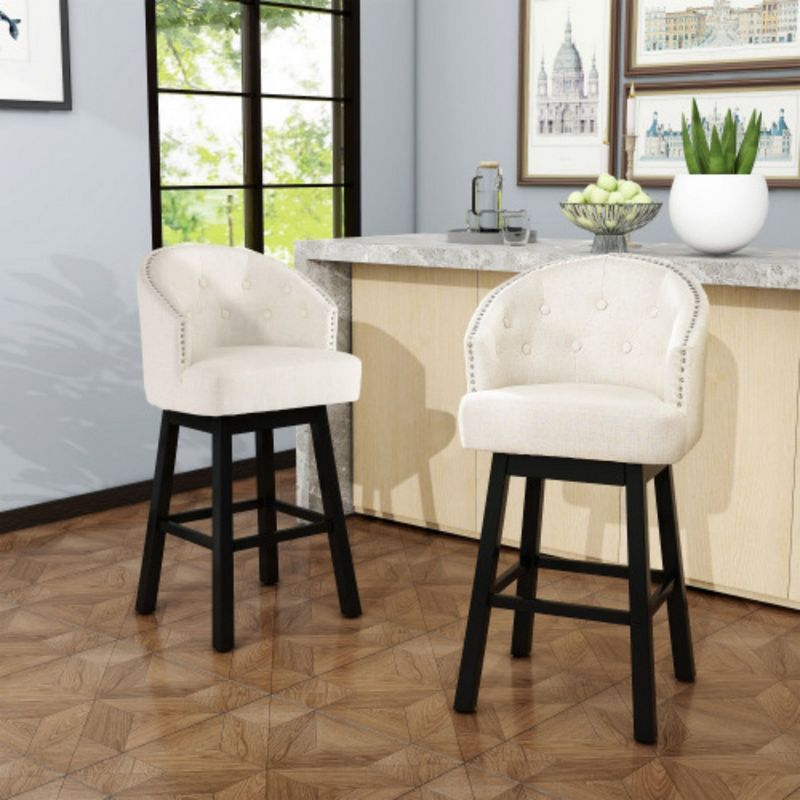 2 Sets of Beige Fabric Upholstered Swivel Bar Stools