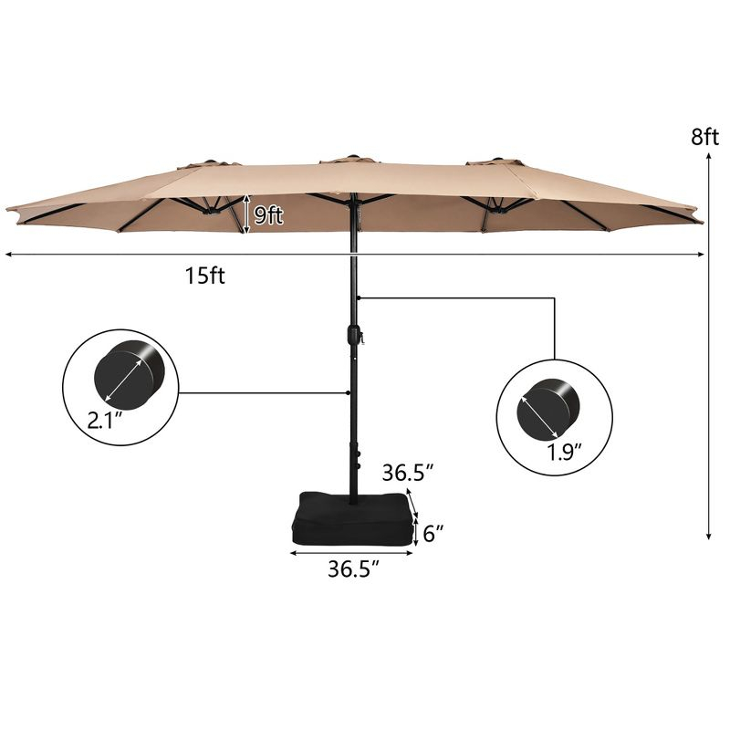 Costway 15FT Double-Sided Twin Patio Umbrella Outdoor Market W/ Crank & Base Coffee