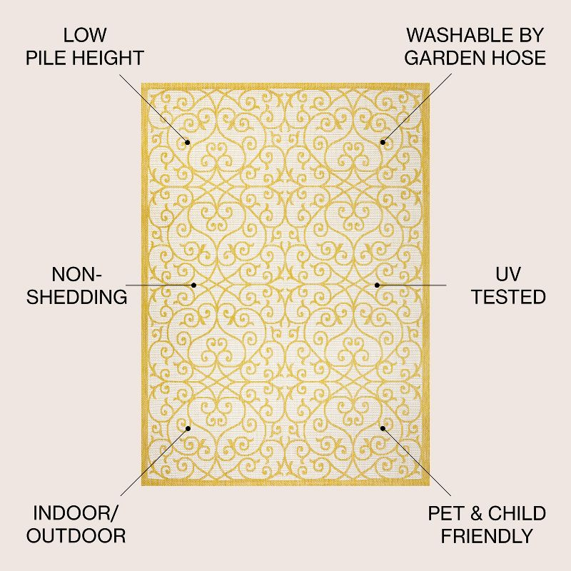5' x 5' Madrid Vintage Filigree Textured Weave Indoor/Outdoor Area Rug, Cream/Yellow - JONATHAN Y
