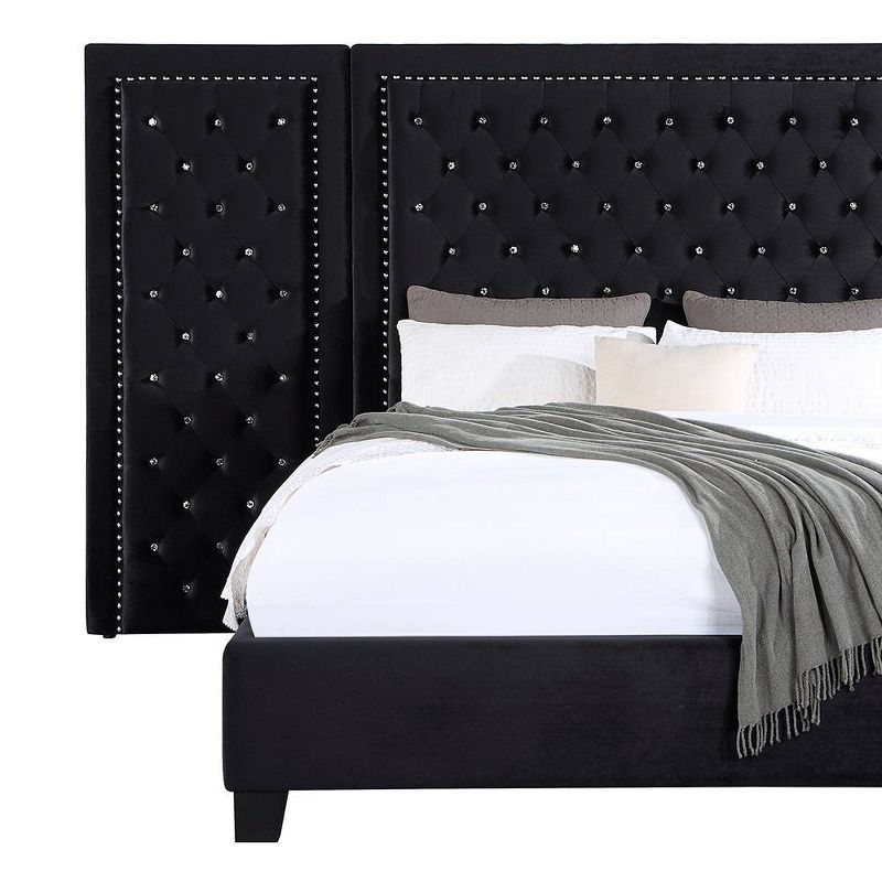 Damazy 86" King Bed Black Velvet - Acme Furniture: Crystal-like Tufting, Nailhead Trim, No Box Spring Required