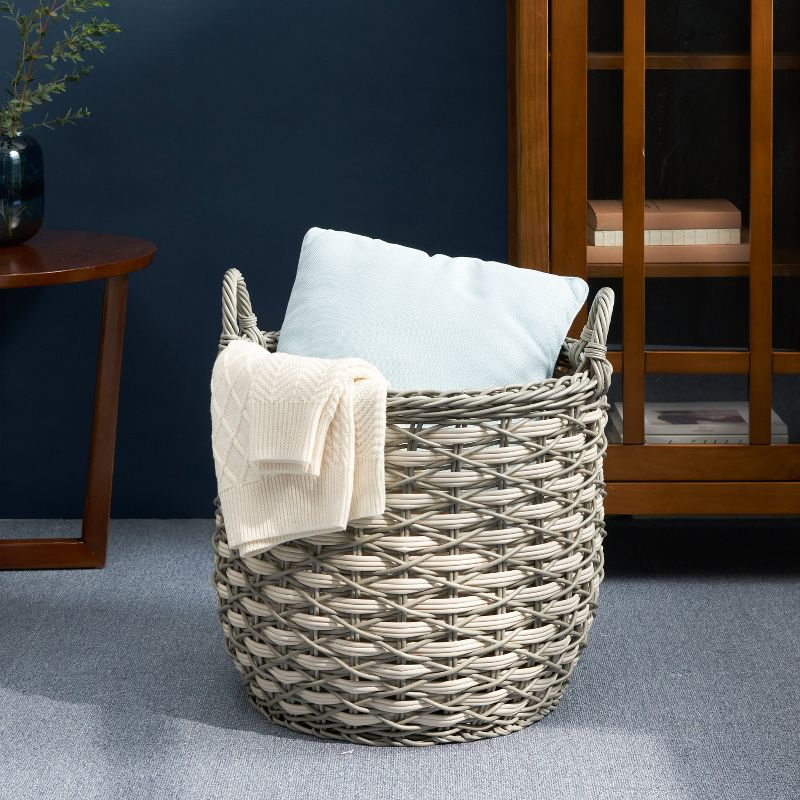 Solhome Zita Round Resin Woven Wicker Multi-Use Storage Basket with Handles 18" x 18" x 19.6" White Gray