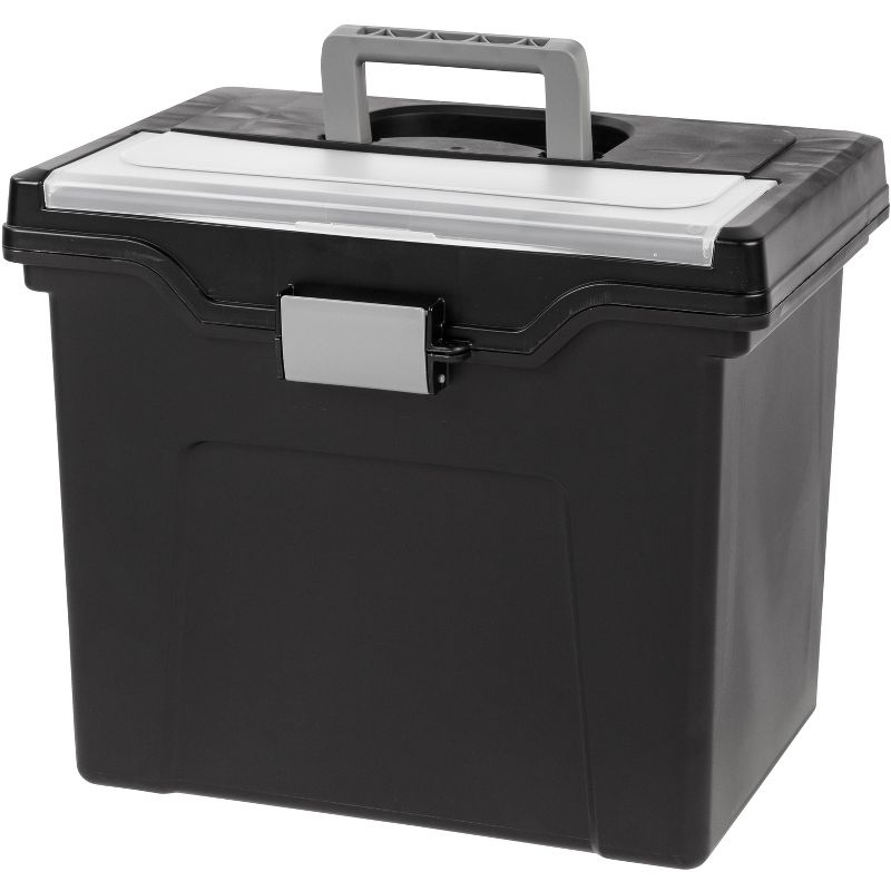 IRIS USA File Box Portable File Organizer Plastic File Box for Letter File w/ Organizer-Lid, Black 4 Pack