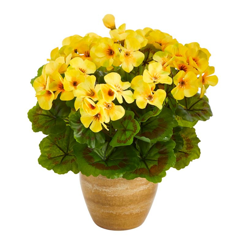 Nearly Natural 11-in Geranium Artificial Plant in Ceramic Planter UV Resistant (Indoor/Outdoor), Yellow