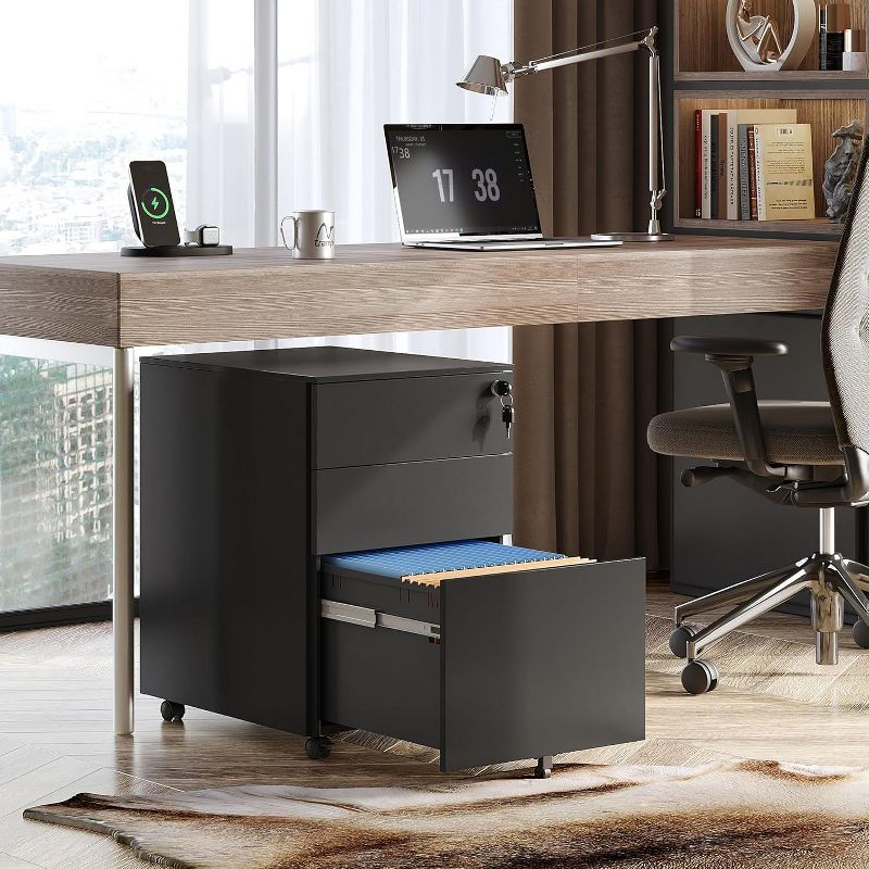Locking File Cabinet, 3 Drawer Rolling Pedestal Under Desk Office, Fully Assembled Except Casters, Black