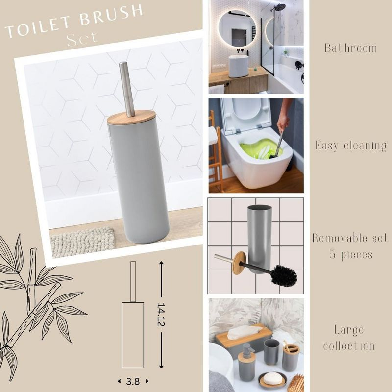 Evideco French Home Goods Gray Toilet Brush and Holder Set Padang with Bamboo Top - Stylish Bathroom Cleaning Solution for Modern Homes