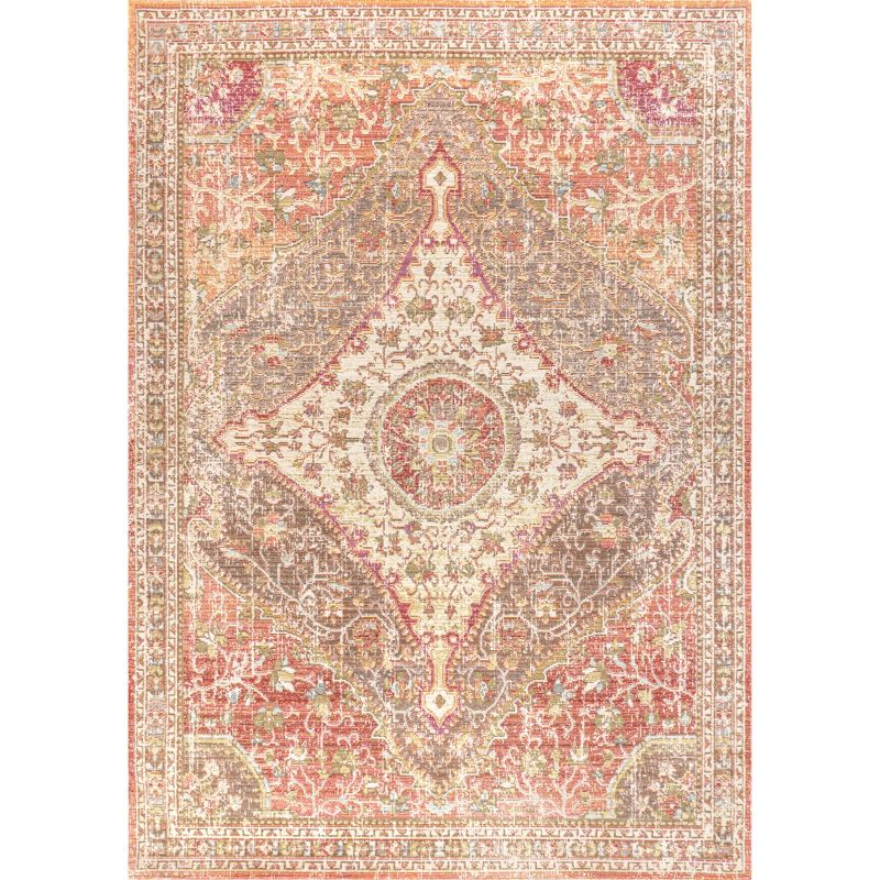 8'x10' Petras Modern Ornate Medallion Area Rug, Brown/Pink - JONATHAN Y