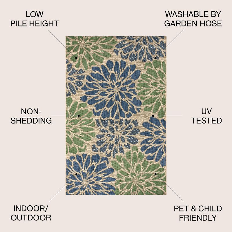9' X 12' Zinnia Modern Floral Textured Weave Indoor/Outdoor Area Rug, Navy/Green - JONATHAN Y