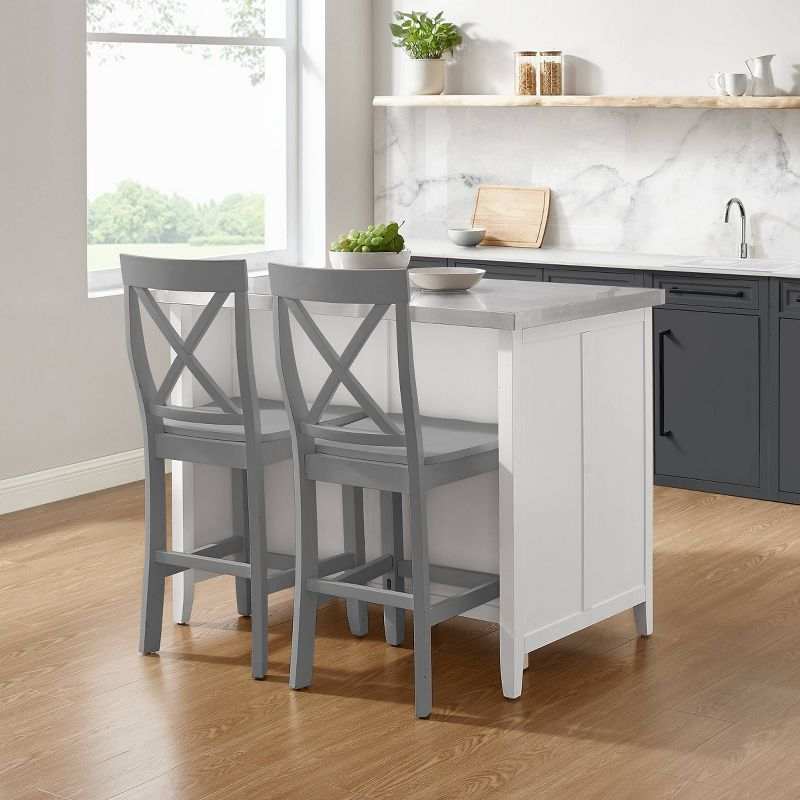 Silvia Stainless Steel Top Kitchen Island with X Back Stools White/Gray - Crosley
