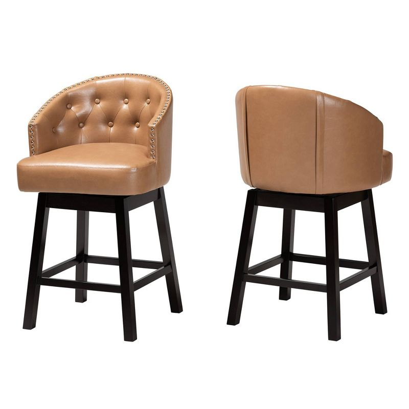 2pc Theron Faux Leather and Wood Swivel  Counter Height Barstool Set Tan/Espresso Brown - Baxton Studio: Mid-Century, Button-Tufted, Nailhead Trim