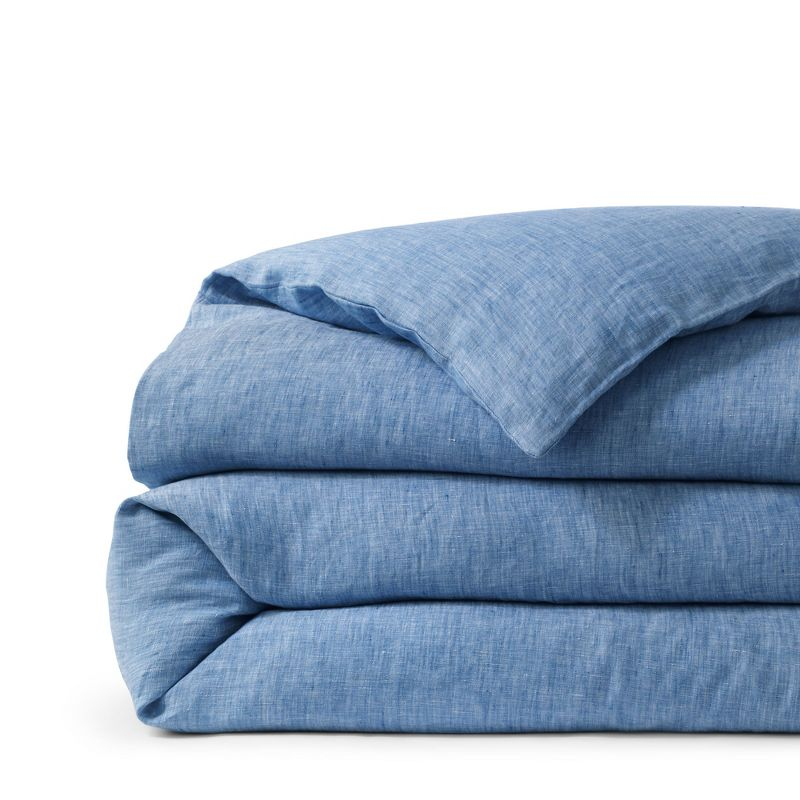 Lands' End Garment Washed Flax Linen Chambray Breathable Duvet Bed Cover - King - Mariner Blue
