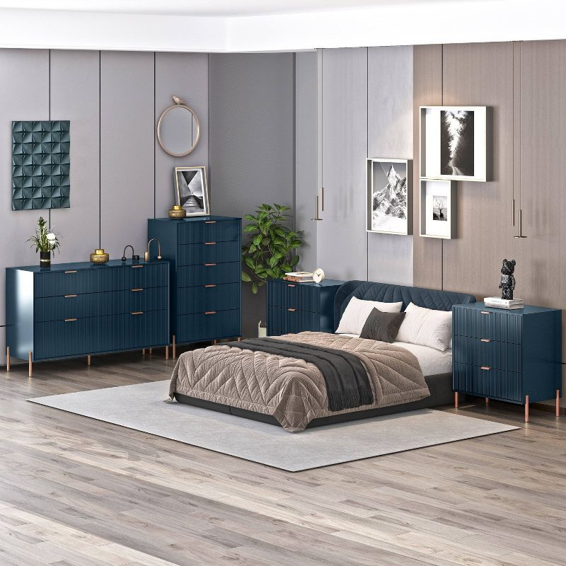 Festivo 4pc Modern Elegance Bedroom Chest and 6 Drawer Dresser and 3 Drawer Nightstands Set Navy