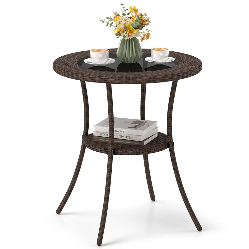 Tangkula Outdoor Side Table with Storage PE Wicker Patio Bistro Table with Tempered Glass Tabletop
