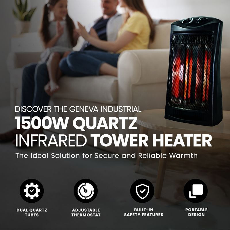 Geneva Industrial 1500W Quartz Infrared Electric Tower Heater with Adjustable Thermostat, Dual Quartz Tubes, Tip-Over Switch for Indoor Use, Black