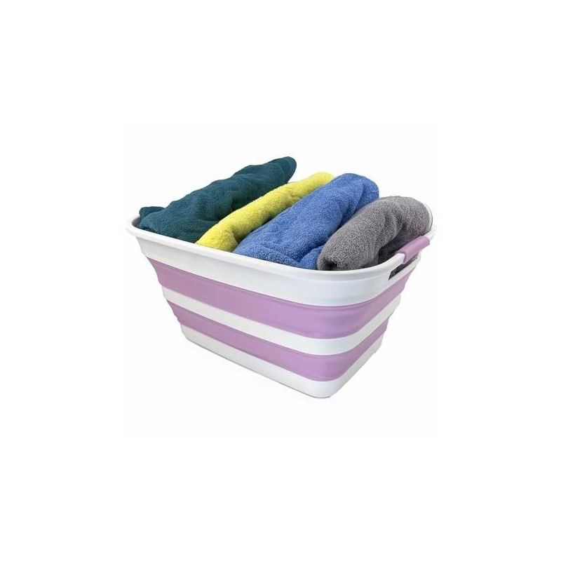 SAMMART 27L (7.1 Gallons) Collapsible Plastic Laundry Basket with Dual Grip Handle, White/Pale Purple/White