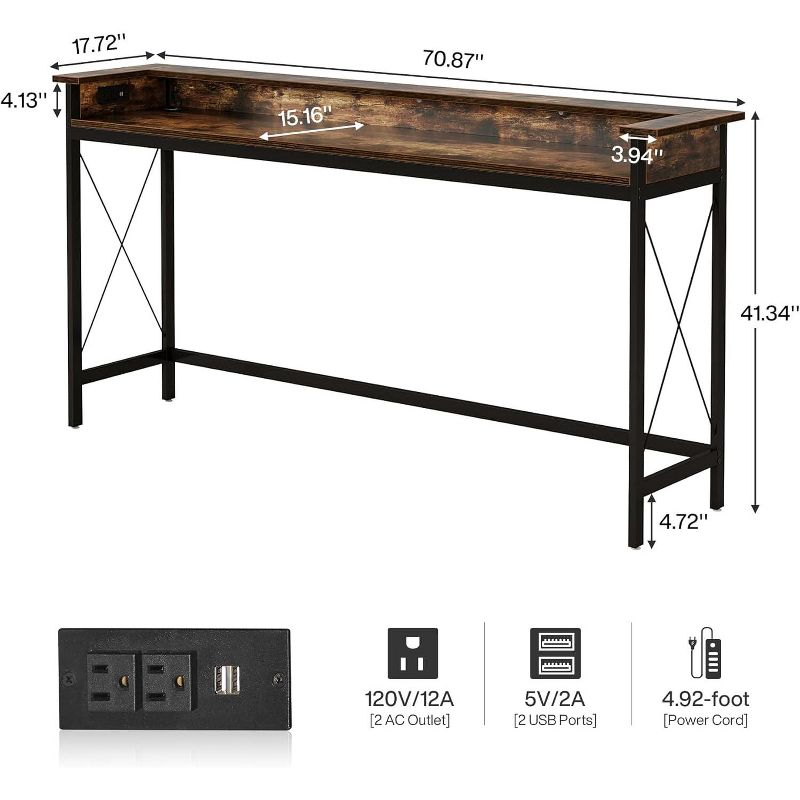 Tribesigns Sofa Table with Outlets and USB Ports, 70.9 inch Console Table, Industrial Entryway Hallway Accent Table for Living Room,Brown & Black