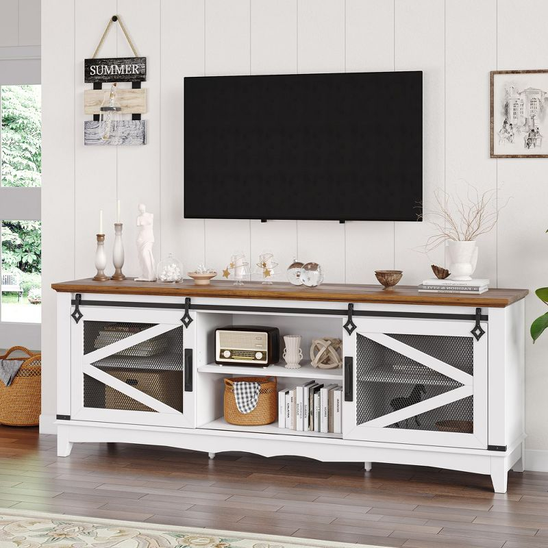 Farmhouse TV Stand with Sliding Barn Doors, TV Cabinet with Storage Shelf, Entertainment Center for 65" TV