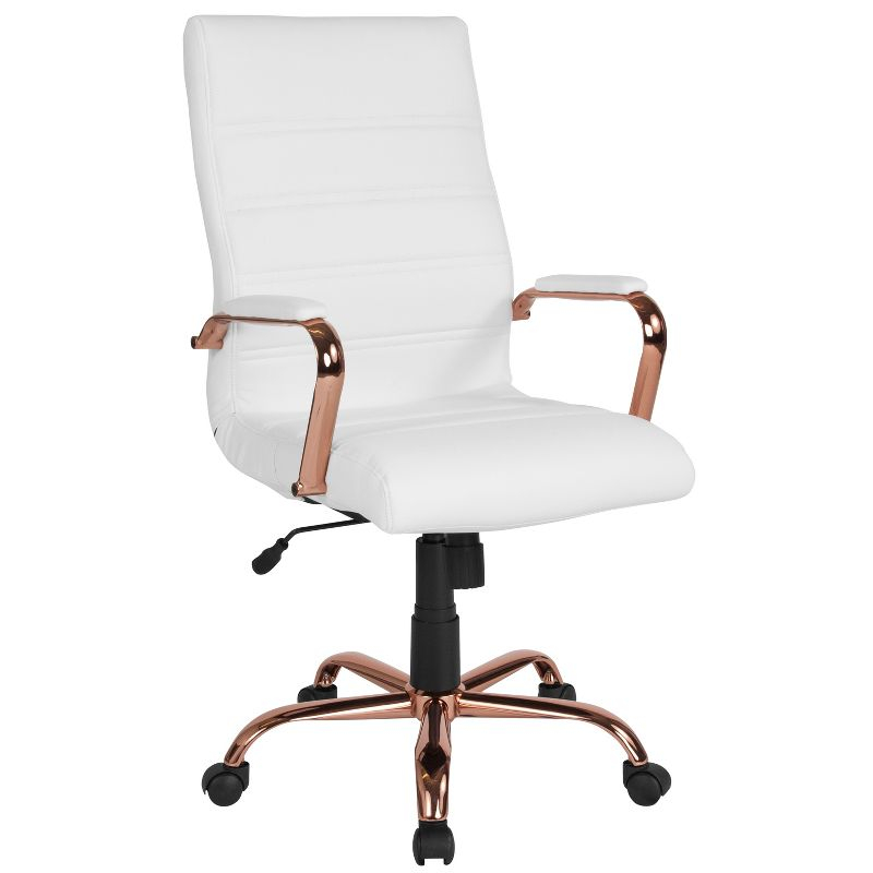 Emma and Oliver High Back White LeatherSoft Executive Swivel Office Chair - Rose Gold Frame/Arms