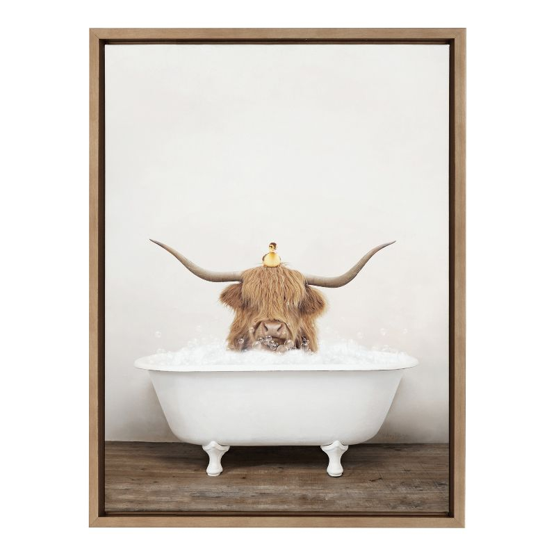 Kate and Laurel Sylvie Highland Cow and Duckling in Rustic Bath Framed Canvas by Amy Peterson Art Studio, 18x24, Gold