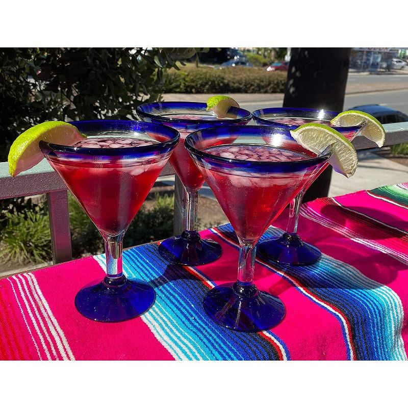 Dos Sueños Mexican Hand Blown  Modern Margarita Glasses - Blue Rim - 12oz - Set of 4