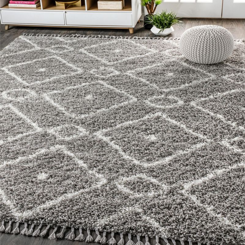 5'x8' Mercer Shag Plush Tassel Moroccan Diamond Area Rug, Grey/Cream - JONATHAN Y