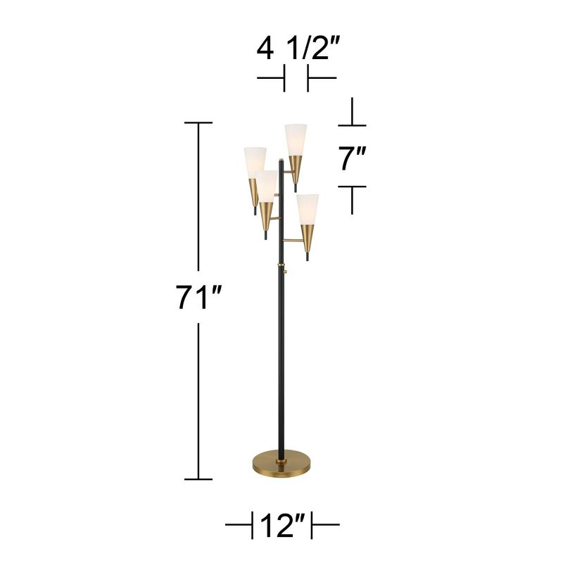 Possini Euro Design Quatro Mid Century Modern Tree Floor Lamp 71" Tall Black Gold Metal 4 Light Frosted Glass Cone Shade for Living Room Bedroom House