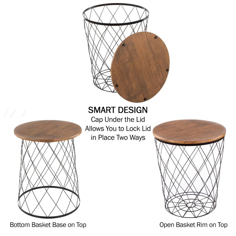 Lavish Home End Table with Storage – Set of 2 Round Nesting Tables with Diamond Pattern Wire Basket Wood Tops, Industrial Farmhouse Side Table