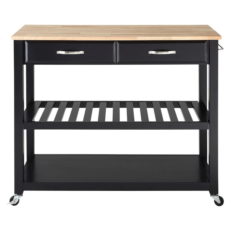 Natural Wood Top Kitchen Cart/Island with Optional Stool Storage - Black - Crosley: Solid Hardwood, Adjustable Shelf, Wheeled