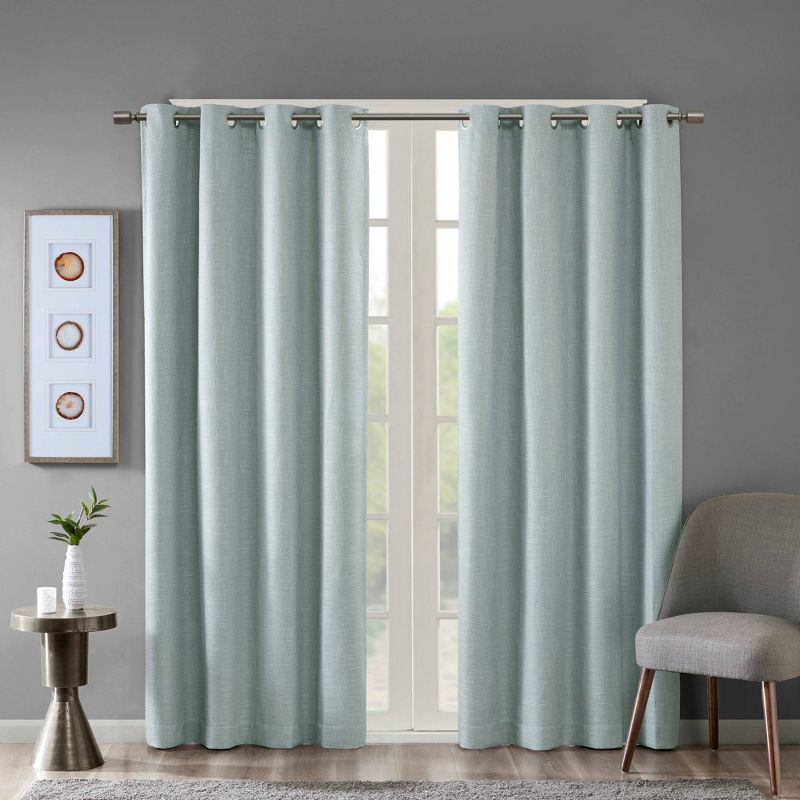 84"x50" Rune Printed Heathered Blackout Curtain Panel Aqua: SunSmart Energy Efficient Grommet Top Curtain