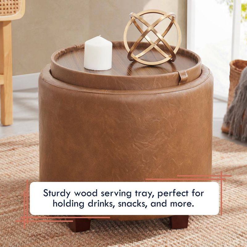 Ornavo Home Lawrence Round Faux Leather Storage Ottoman with Table Top Lid - Cognac