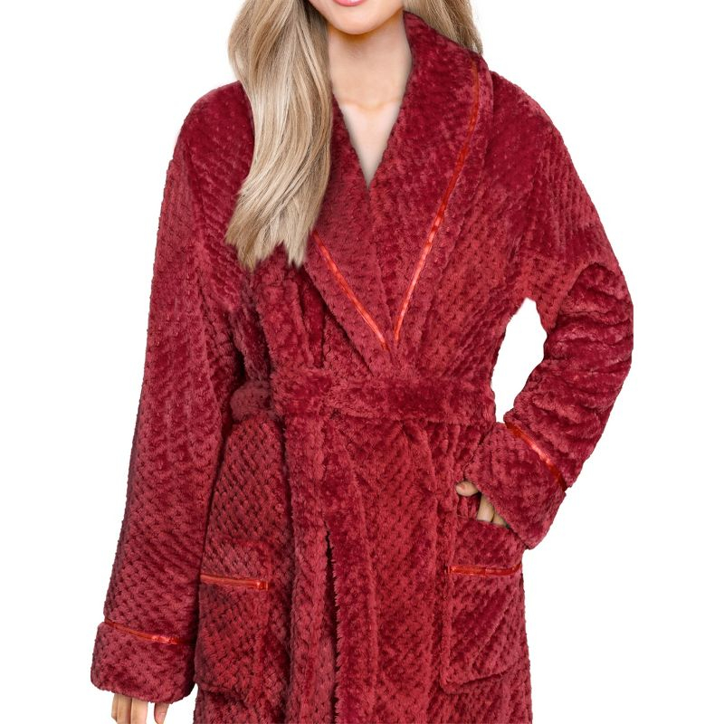 PAVILIA Women Plush Fleece Robe, Soft Textured Bathrobe, Lady Cozy Spa Long Robes, Fuzzy Satin Waffle Trim (Dark Red, Small-Medium)