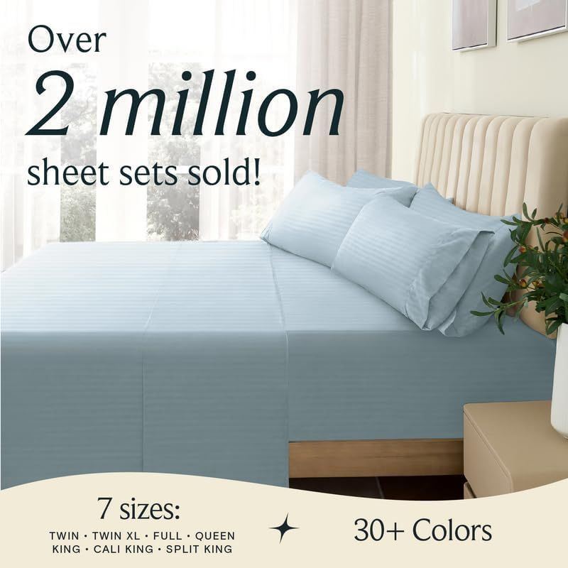 LuxClub 6 PC Light Blue King Microfiber Striped Performance Sheet Set, Soft Cooling Eco-Friendly Bed Sheets with 18in Deep Pockets