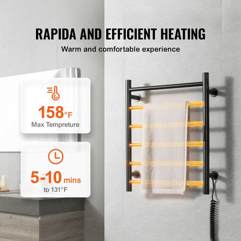 VEVOR 6 Bars Towel Warmer Rack, Wall Mounted Heated Towel Rack for Bathroom, IPX5 Waterpoof Towel Heater Rack with Timer & Display Screen, Black