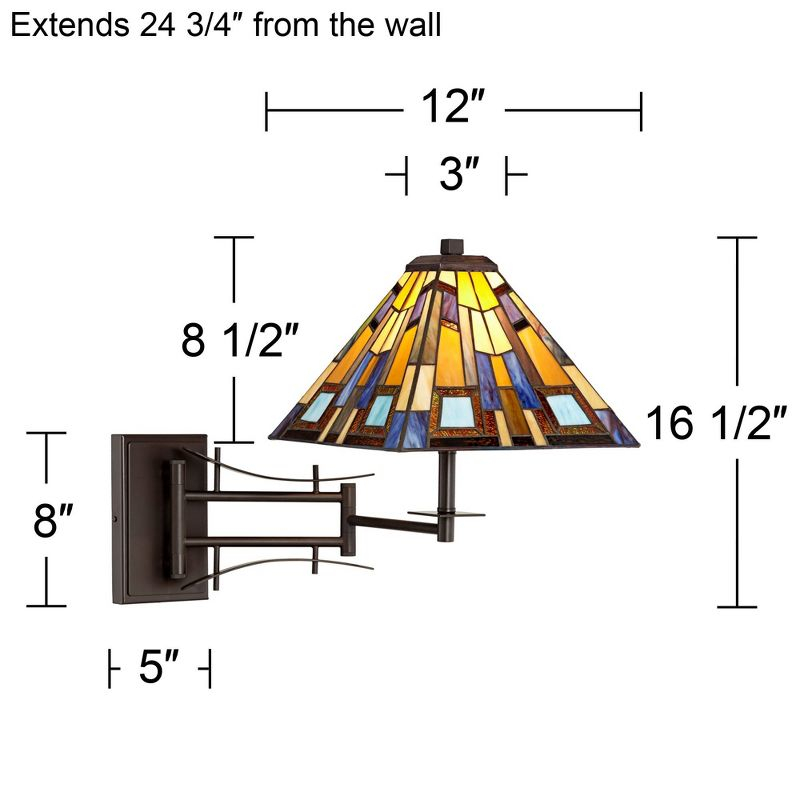 Robert Louis Tiffany Vintage Swing Arm Wall Lamp Plug-in Light Fixture Jewel Tone Stained Art Glass for Bedroom Bedside Living Room Reading Home House