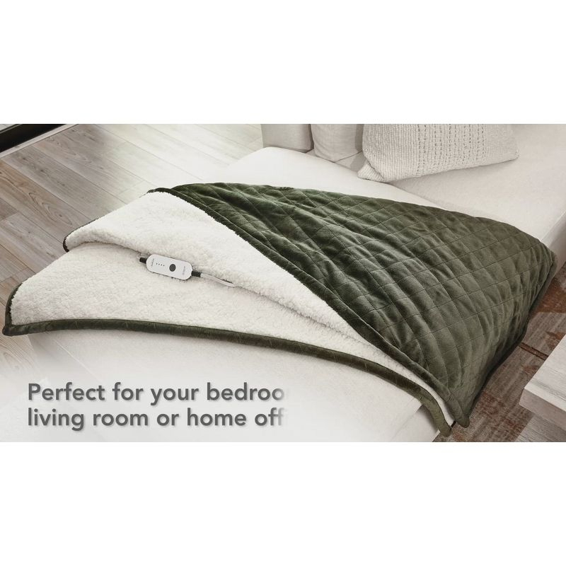 Sunbeam 50" x 60" Quilted Nordic Velvet Reverse Shearling Heated Throw Electric Blanket Olive: Lightweight, Machine Washable