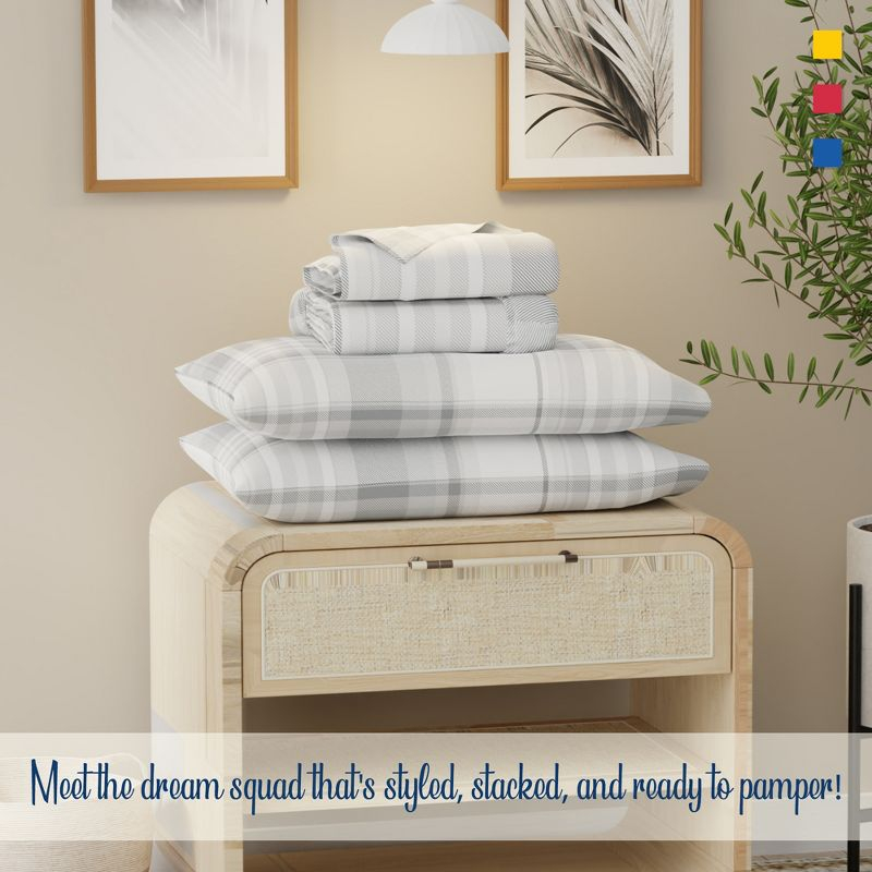 Color Sense 100% Cotton Percale Cool & Crisp 3-Piece Sheet Set Twin Hudson Plaid Grey