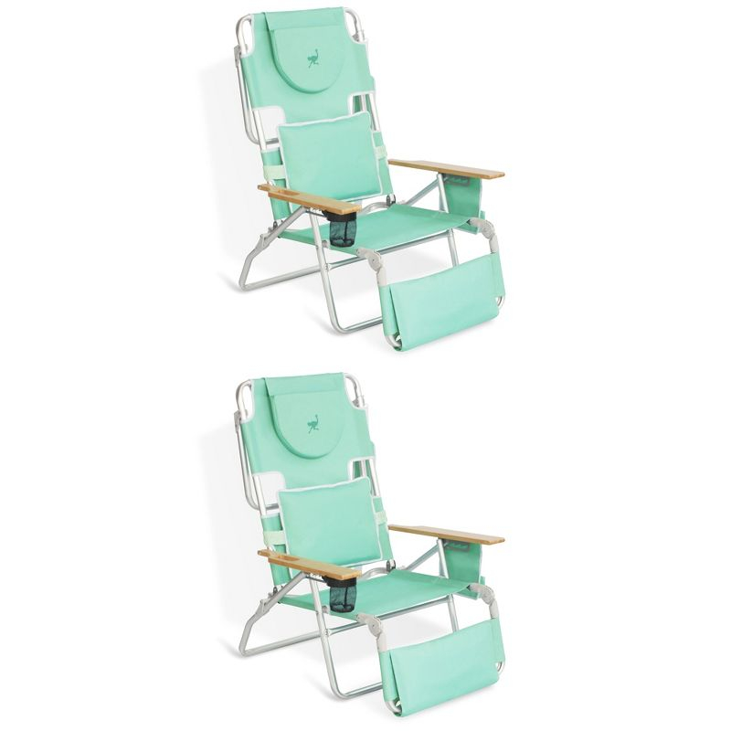 Ostrich Deluxe Padded 3-N-1 Lightweight Portable Adjustable Outdoor Folding Chair for Lawn Beach Lake Camping Lounge with Footrest, Teal (2 Pack)