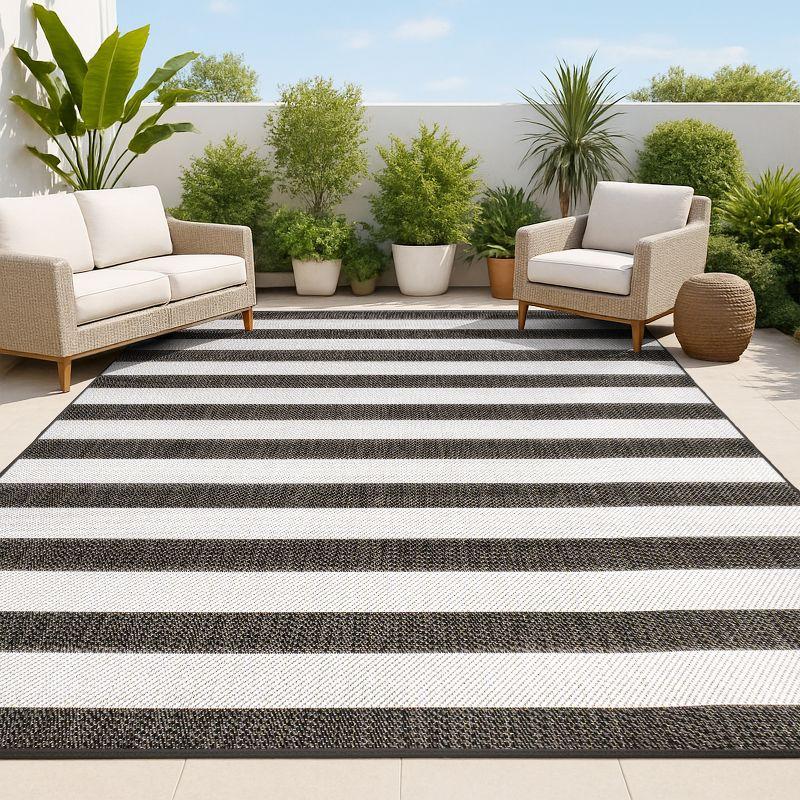 3' x 5' Negril Two-Tone Wide Stripe Indoor/Outdoor Area Rug, Black/Cream - JONATHAN Y