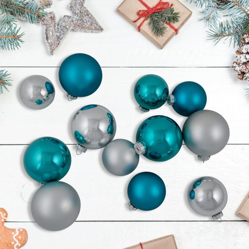 Northlight 72ct Turquoise Blue and Silver 2-Finish Glass Christmas Ball Ornaments 4" (100mm)