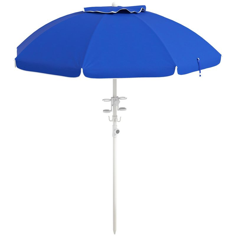 Outsunny 5.7' Beach Umbrella with Cup Holders, Hooks, Vented Canopy, Portable Outdoor Umbrella, Blue