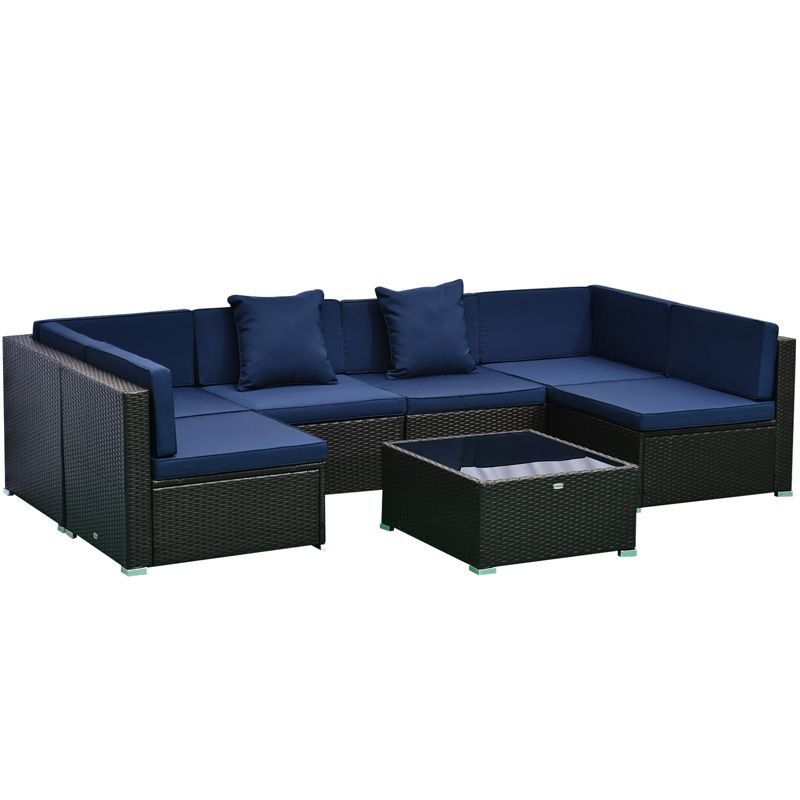 Outsunny 7 Piece Outdoor Patio Furniture Set, PE Rattan Wicker Sectional Sofa Set with Couch Cushions, Pillows, Coffee Table, Blue