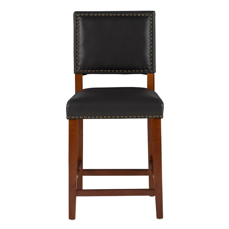 24" Brook Padded Back Faux Leather Nailhead Counter Height Barstool Black - Linon: Cherry-Stained Legs, Footrails
