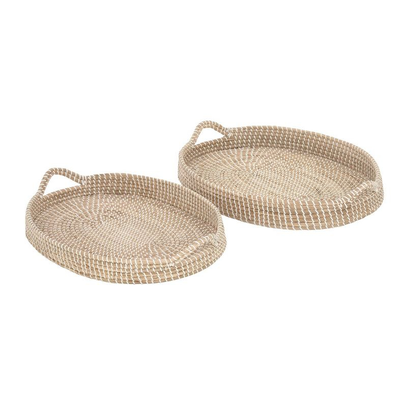 Set of 2 Oval Natural Seagrass Trays with Handles White/Brown - Olivia & May: Bohemian Woven Basket, Indoor Decor