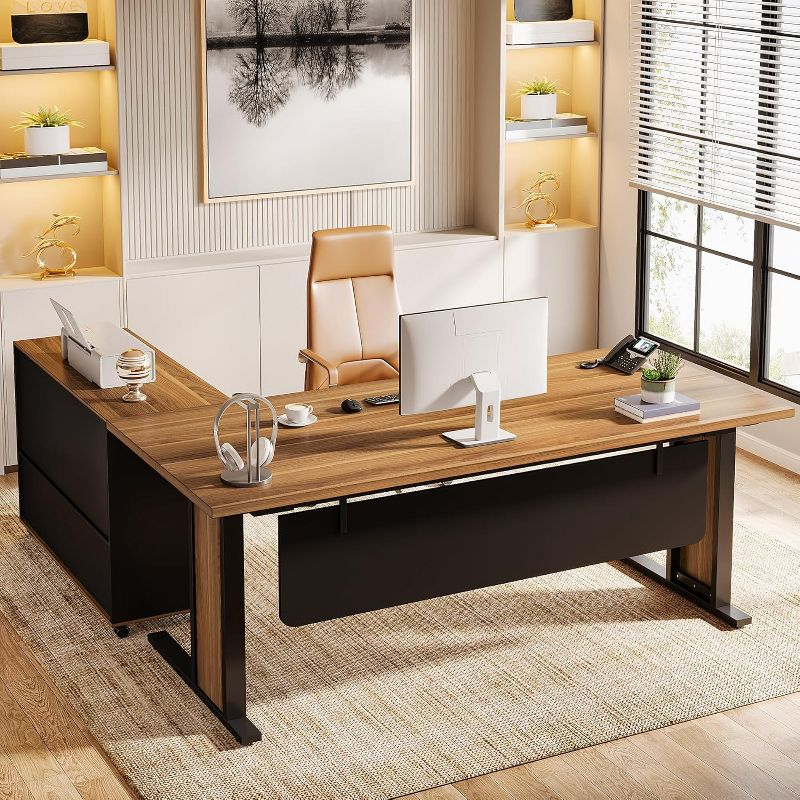 Tribesigns 63" Large Executive Desk L Shaped Computer Desk with File Storage Cabinet, Brown and Black