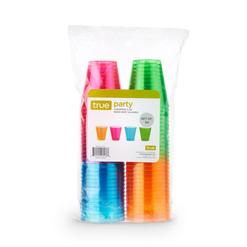 True Neon Multicolor Plastic Party Shot Glasses - Disposable Glasses for Outdoor Drinking - Assorted Colors 2oz Set of 60