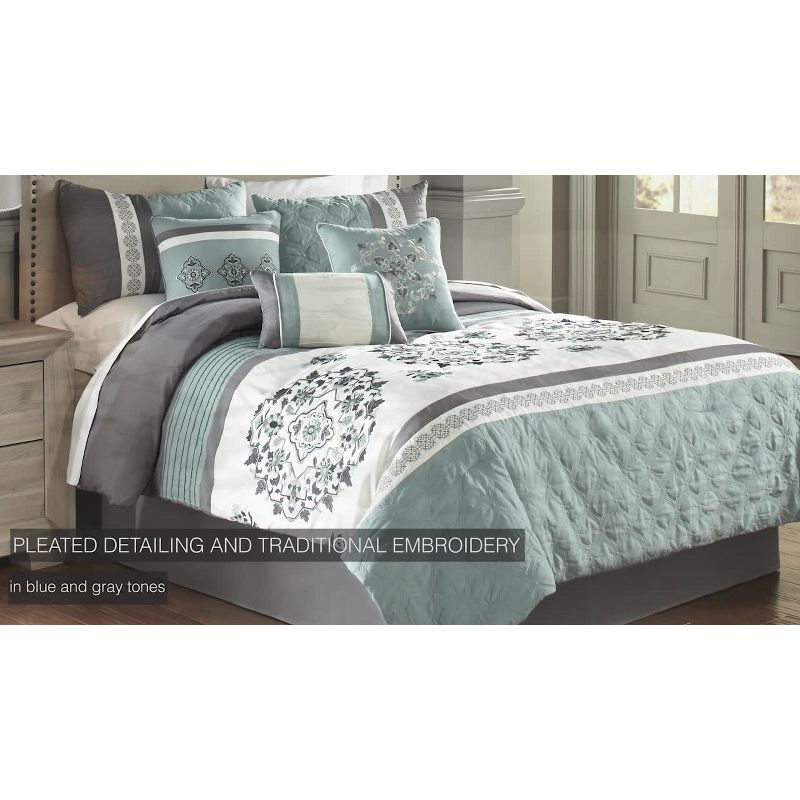 Riverbrook Home 7pc King Alex Comforter Set Blue & Gray : Polyester Medallion Pattern, Pleated & Quilted Design, Machine Washable